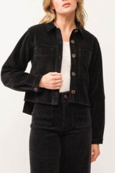 Front view of black Dear John Cropped Gina corduroy jacket with button front;Dear John cropped Gina jacket
Dear John black corduroy jacket
women’s cropped black corduroy jacket
black cropped jacket for women
lightweight corduroy jacket
fine-wale corduroy jacket
women’s button-front corduroy jacket
black cropped fall jacket
cropped jacket with stretch fabric
versatile black jacket for layering