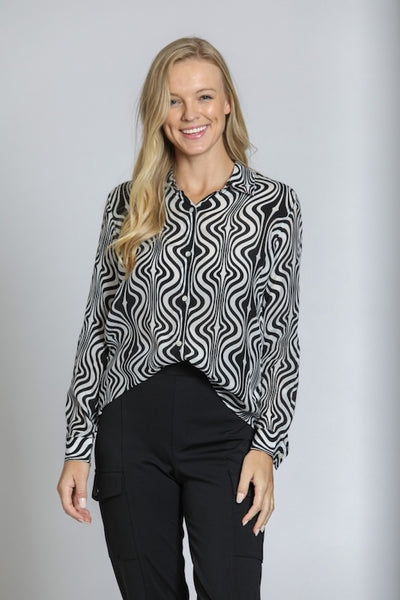 APNY SWIRL PRINT BUTTON-UP BLOUSE BLACK & WHITE