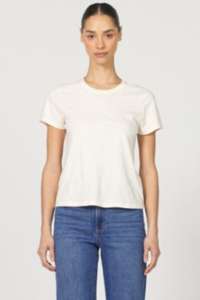 Model is wearing a relaxed-fit garment-dyed white crew neck short sleeve Unity T-Shirt in 100% cotton jersey, front view.