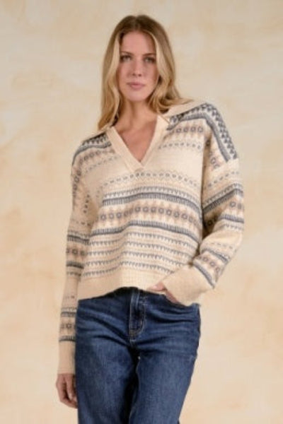 women’s V-neck collared sweater
Elan V-neck sweater
women’s collared sweater
off-white patterned sweater
tan and blue sweater for women
women’s soft knit sweater
polished casual sweater
versatile women’s sweater
V-neck sweater for work
women’s sweater for jeansElan off-white V-neck collared sweater with tan and blue design details styled with jeans