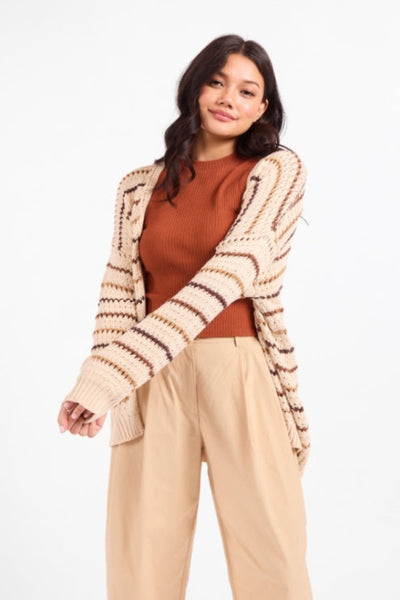 Sadie & Sage Lost Range Stripe Cardigan in ivory multi, chunky open-knit, horizontal stripe pattern in beige, cream, and brown, open-front silhouette with long voluminous sleeves — front view