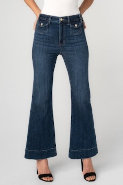 Front view of Hannah high-rise flare jeans with mini patch pockets in dark wash