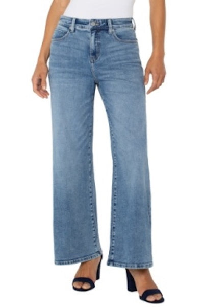 Front view of Stride high-rise wide leg jeans in light wash on model