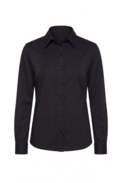 Liverpool Long Sleeve Button-Front Knit Shirt in classic black, collared neckline, full button front, long sleeves with button cuffs, fitted silhouette — front flat view on white background.