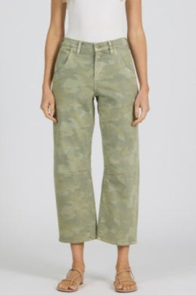 Model is wearing high-rise barrel leg Dear John Lasso Jeans in Riviera sage camo print with a clean cropped hem, front view.