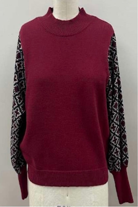 FALL VIBES MIX MEDIA KNIT TOP W/PATTERN SLEEVE DETAIL