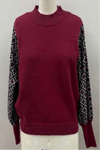 FALL VIBES MIX MEDIA KNIT TOP W/PATTERN SLEEVE DETAIL