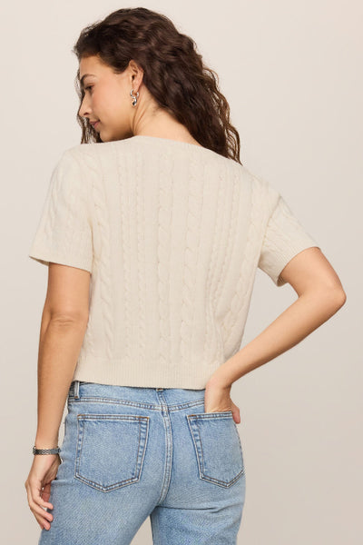 Z Supply Cera Cardigan — cable-knit cotton blend, short sleeve, crew neck, back view