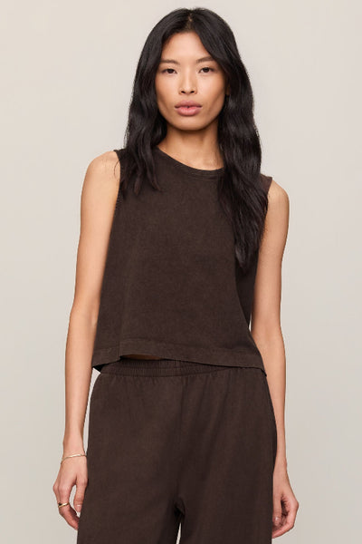 Z Supply Sloane Jersey Muscle Tank in dark chocolate, crew neck, sleeveless, relaxed fit, mineral wash cotton, styled with matching wide-leg pants — front view.