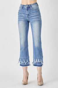 HIGH RISE LAYERED DISTRESSED ANKLE STRAIGHT LEG JEANS