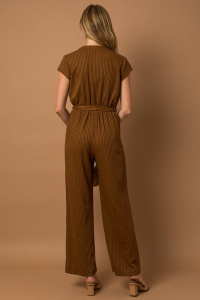 SOLID SS RIB KNIT BUTTON DOWN JUMPSUIT