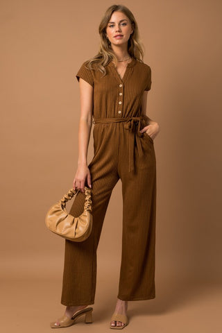 SOLID SS RIB KNIT BUTTON DOWN JUMPSUIT