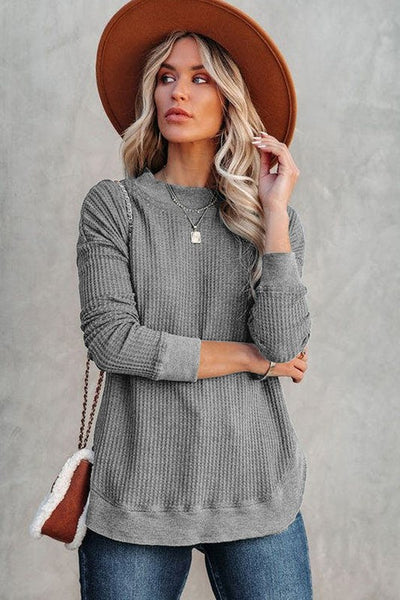 RIBBED TRIM WAFFLE KNIT THERMAL TOP