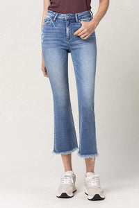 HIGH RISE MED WASH RAW HEM CROP MINI FLARE