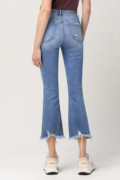 HIGH RISE MED WASH RAW HEM CROP MINI FLARE