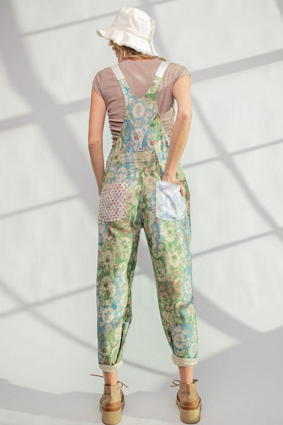 MIXED FLORAL PRINT WASHED COTTON TWILL OVERALLS