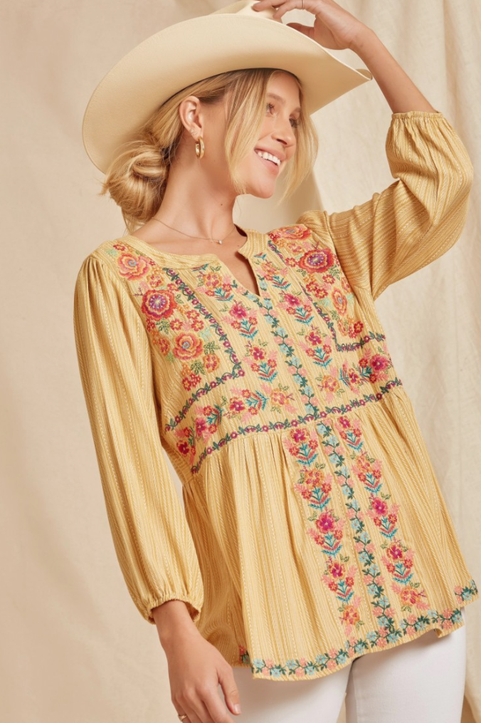 SWEET MARIGOLD BABY DOLL TOP W/EMBROIDERY
